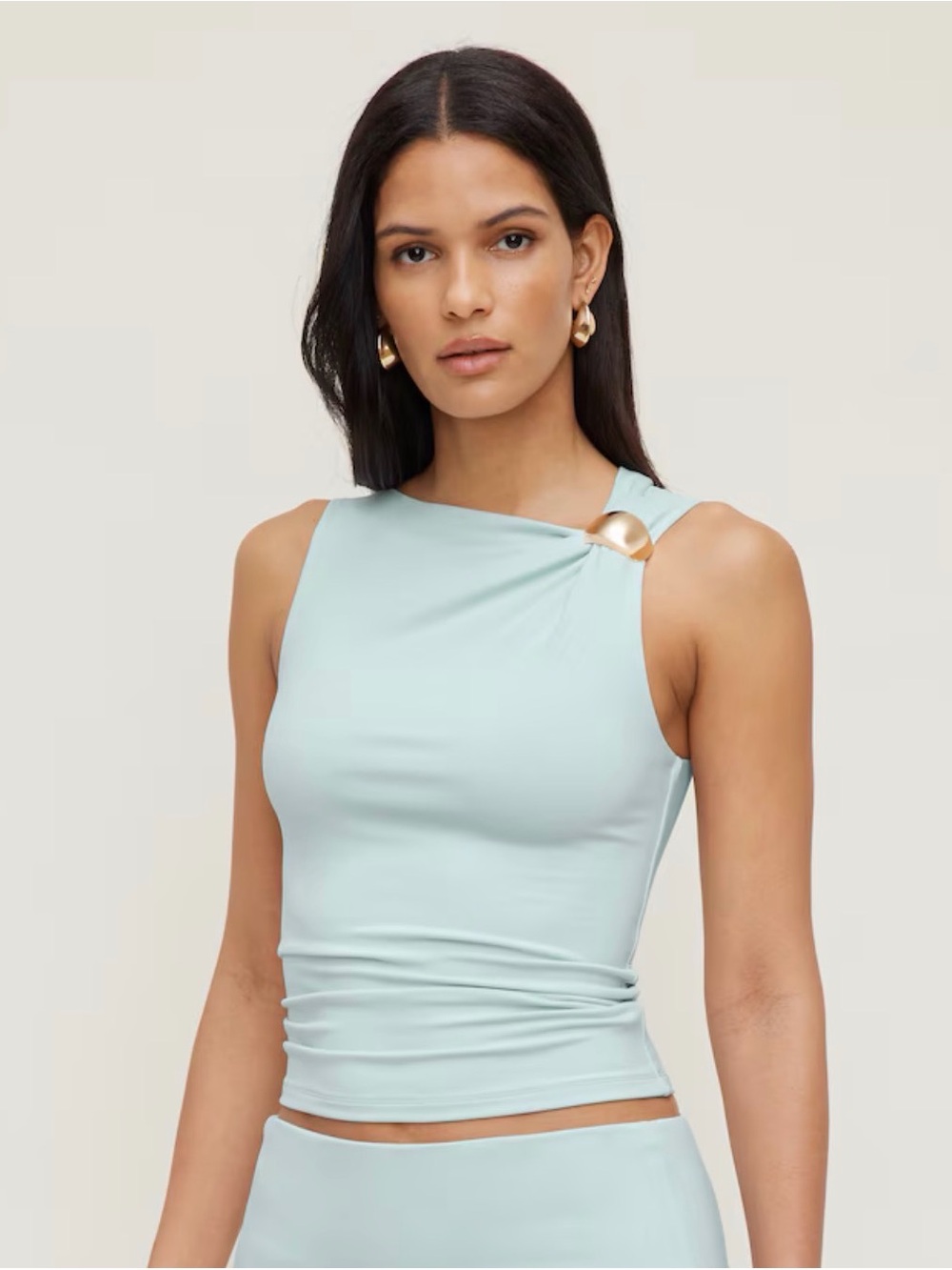Dynamite Twist-Shoulder Tank Top in Light Mint with Gold Accent